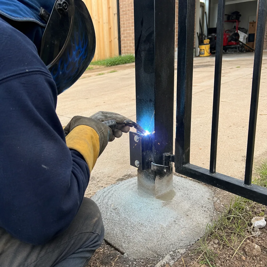 Professional welder performing gate installation and repair work on a metal post