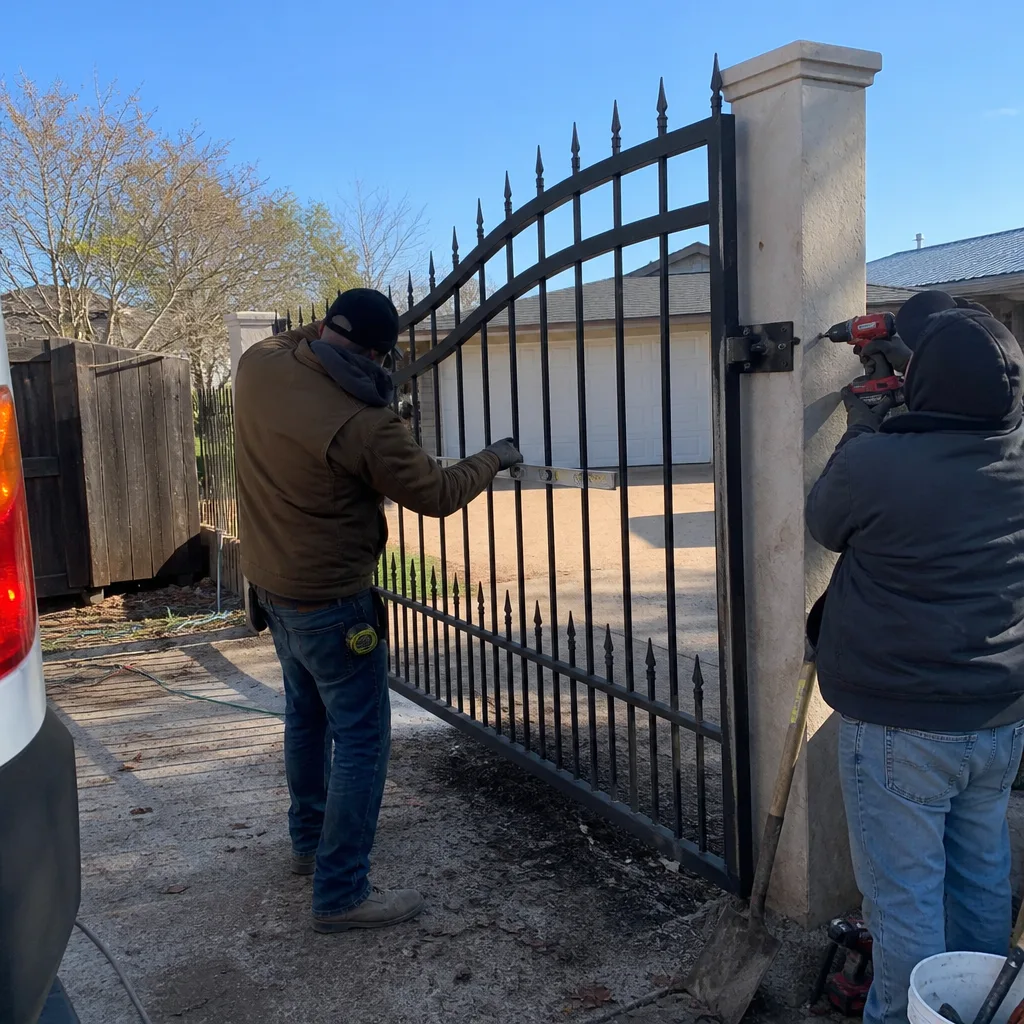 Two contractors installing a custom metal driveway gate on stone pillars