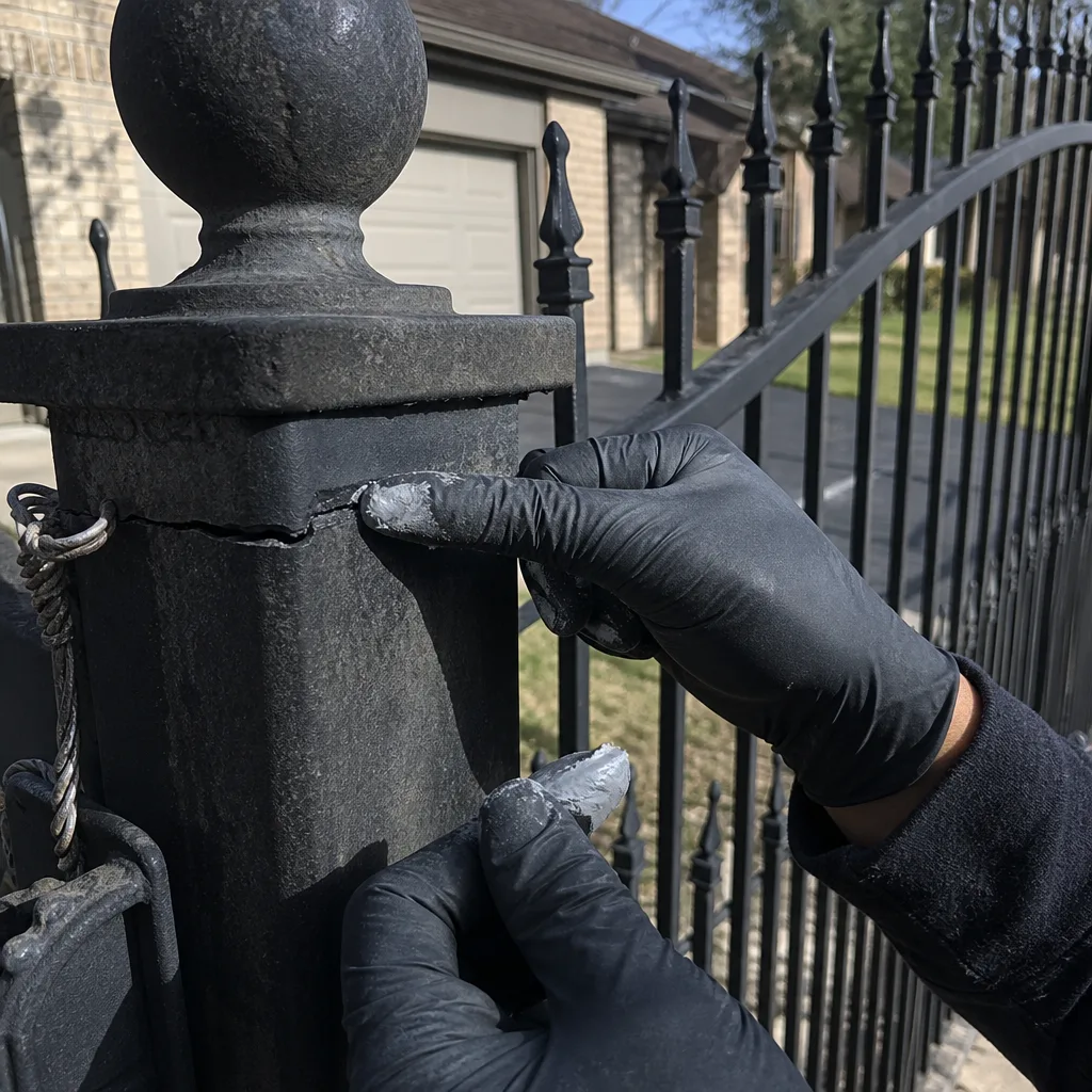 Professional applying epoxy filler to repair a cracked metal gate post